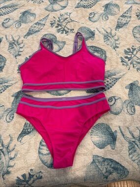 Bright Pink Two-Piece Swim Set with Lavender Trim, NEW, size large fits 10-12